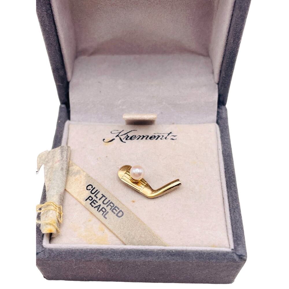 Krementz Golf Club Tie Tack Cultured Pearl Ball 14k Gold Overlay Orig Box Tags